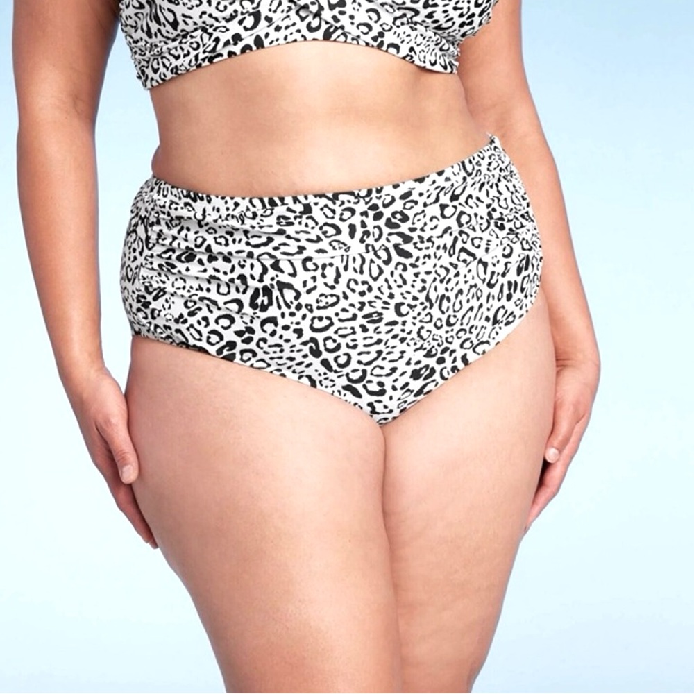 Kona Sol white and black leopard print high waist bathing suit bottoms